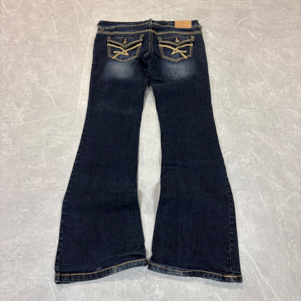 Amethyst Jeans Womens 7 Dark Wash Flare Leg Low Rise Y2K Contrast Stitch Denim